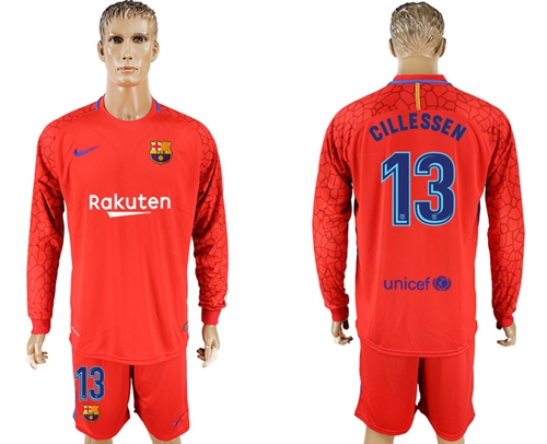 Barcelona #13 Cillessen Red Goalkeeper Long Sleeves Soccer Club Jersey - Click Image to Close